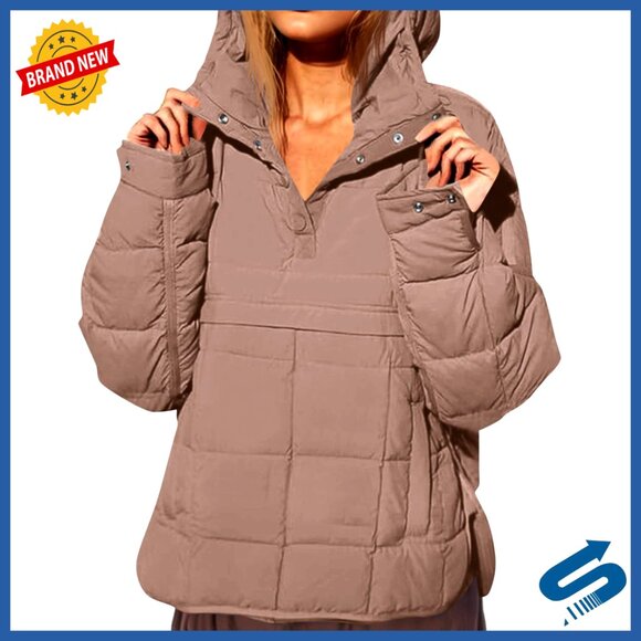 Oversized Puffer Jacket Quilted Hooded Pullover Long Sleeve Lightweight Warm